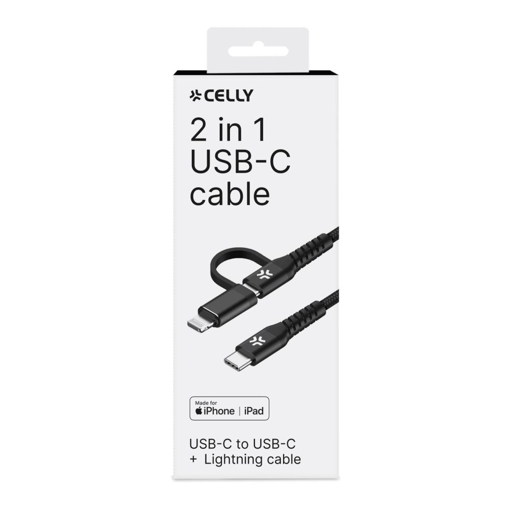 Celly Duo cable 100W C to C + Lightning 1m, black