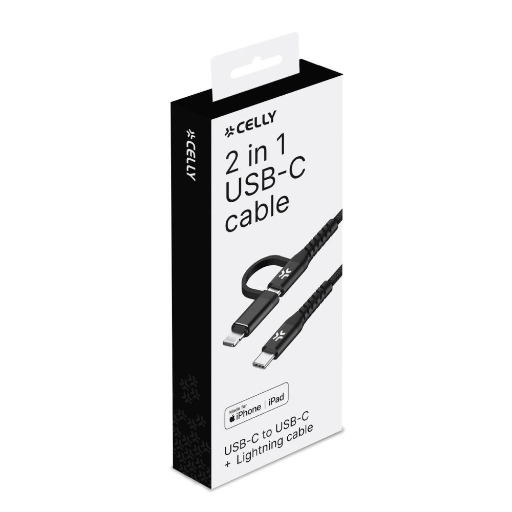 Celly Duo cable 100W C to C + Lightning 1m, black