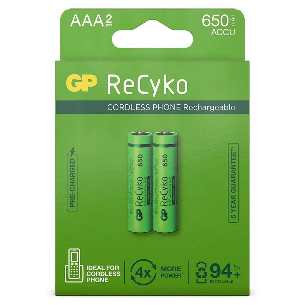 GP NiMH ReCyko AAA 650mAh 1.2V Rechargeable, 2 Pieces