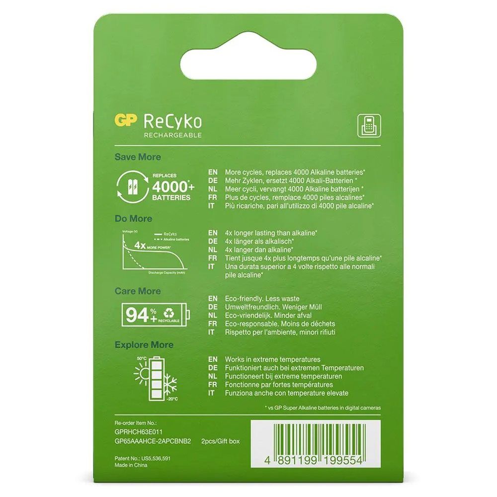 GP NiMH ReCyko AAA 650mAh 1.2V Rechargeable, 2 Pieces