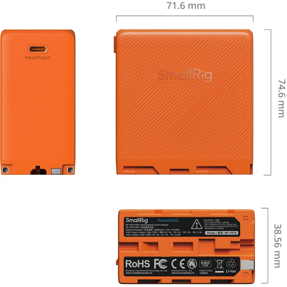SmallRig 4576 NP-F970 USB-C Rechargeable Camera Battery, orange