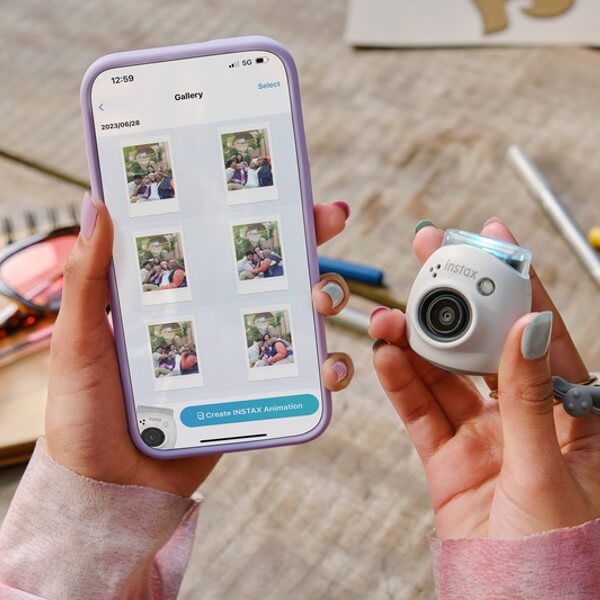 Fujifilm INSTAX PAL digital camera, Gem Black + printer Link WIDE, Mocha Gray