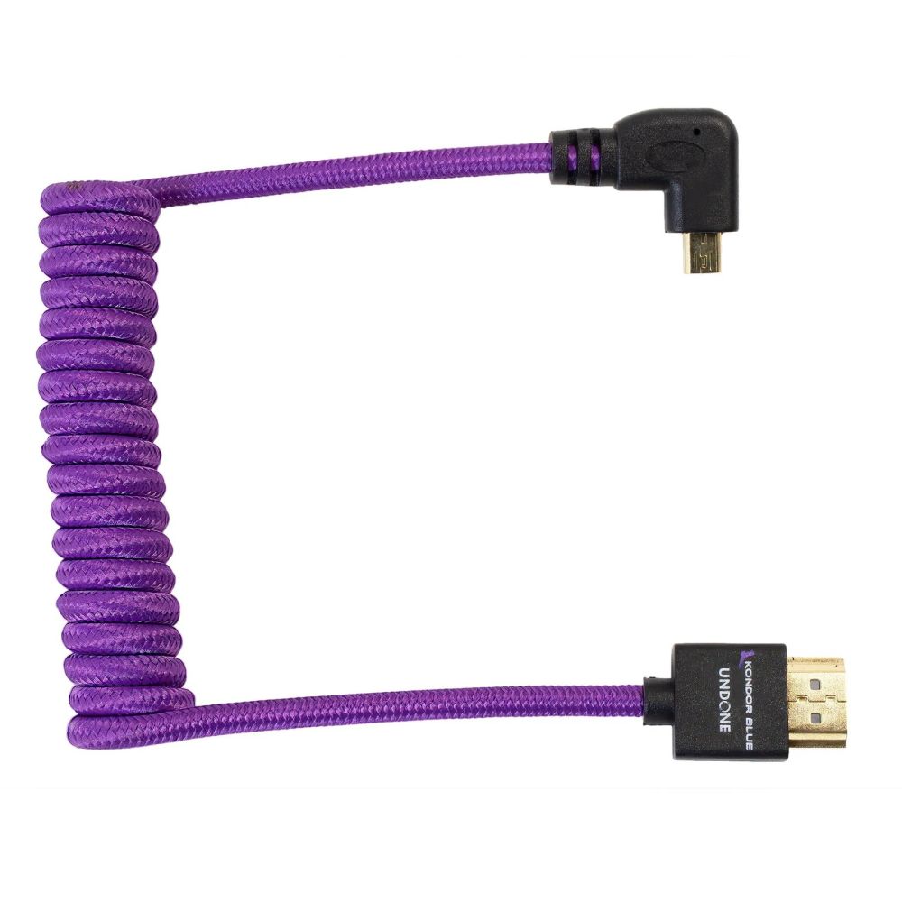 Kondor Blue Gerald Undone Full HDMI to angled micro-HDMI cable 12"-24" curled (purple) - left corner (Sony/Fuji)