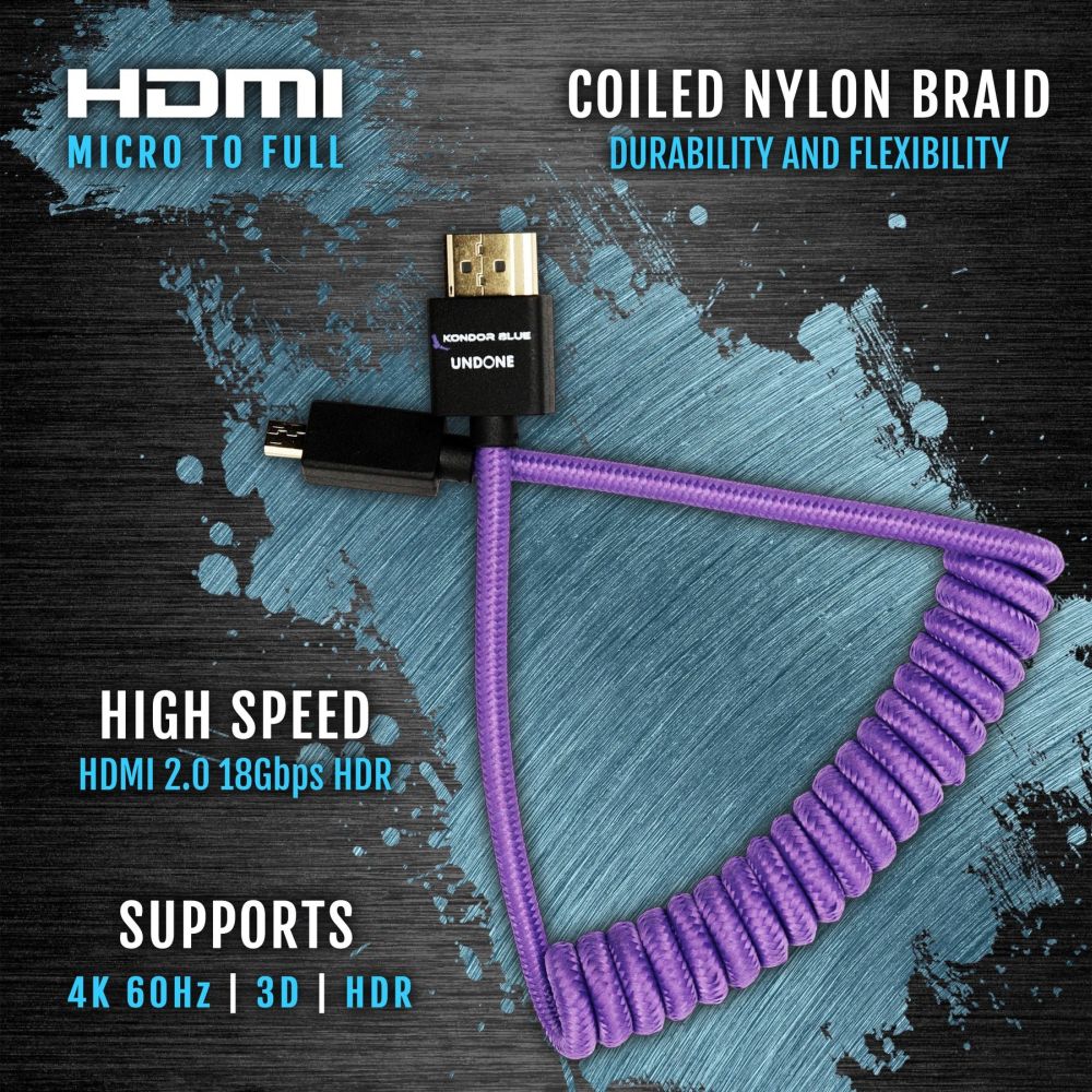 Kondor Blue Gerald Undone Micro HDMI to Full HDMI cable 12"-24" curled