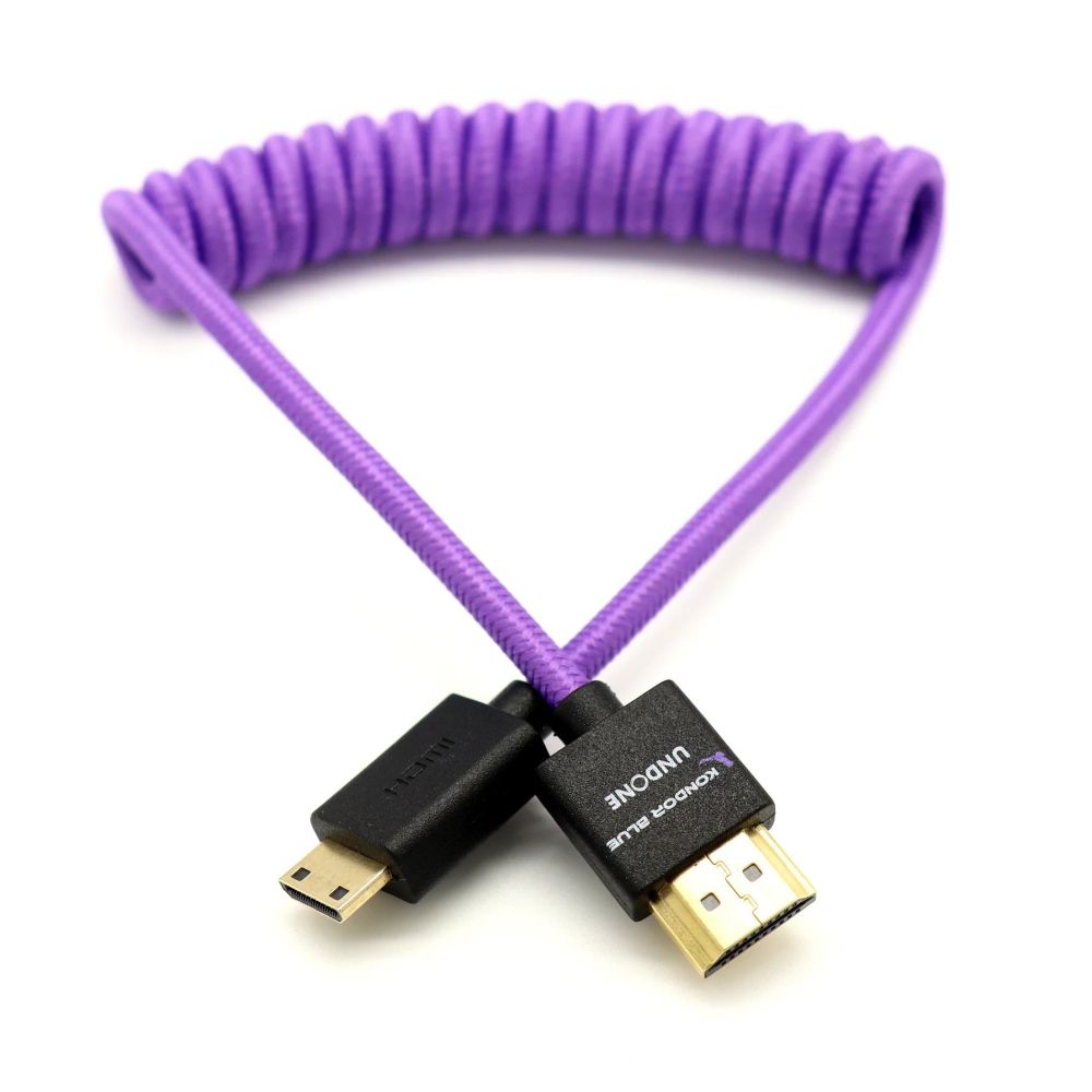 Kondor Blue Gerald Undone Mini HDMI to Full HDMI cable 12"-24" curled, purple