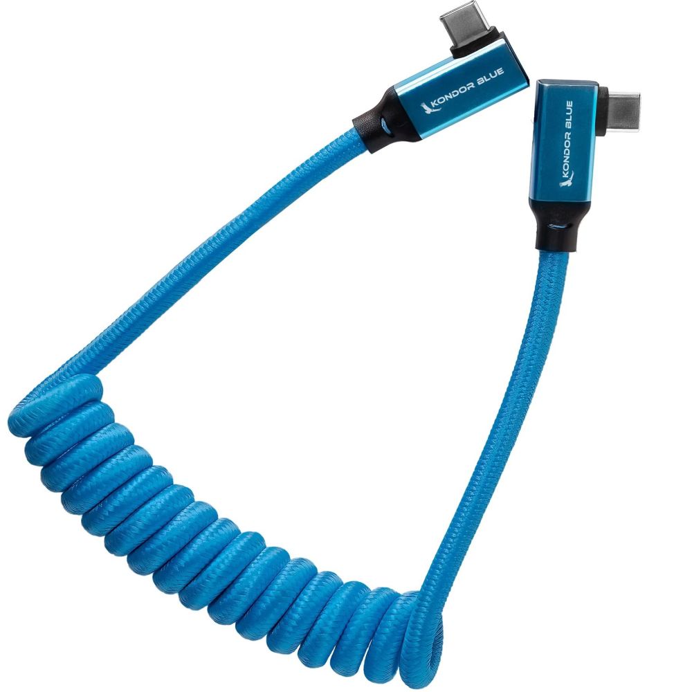 Kondor Blue USB C 3.1 angled braided cable for 8K (Kondor Blue) (curly) (12"-24")