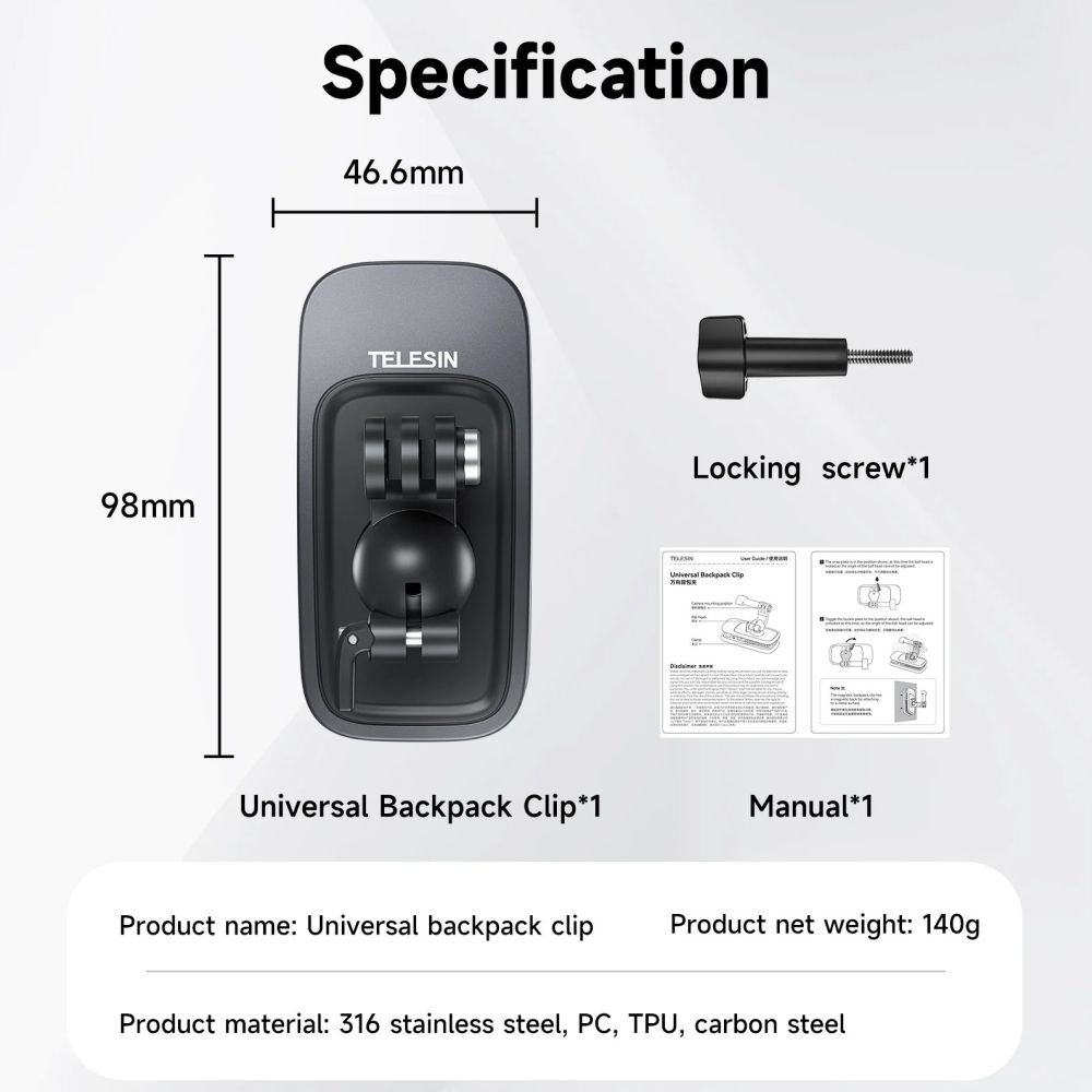 Telesin Backpack clip for GoPro, magnetic