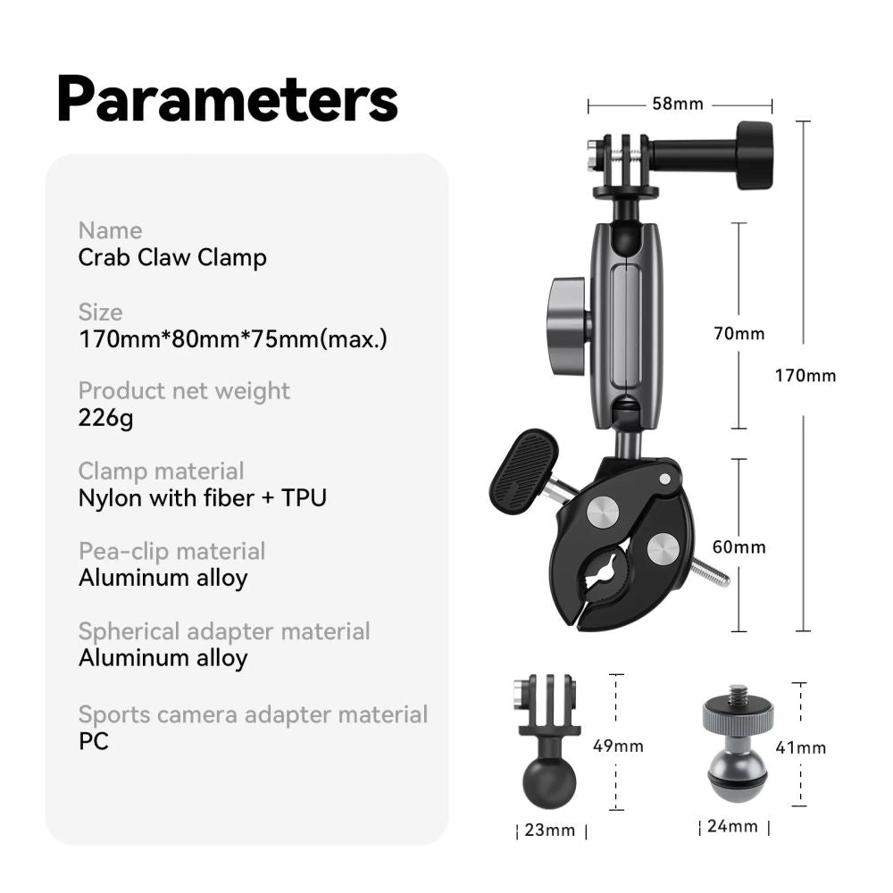 Telesin Crab Claw Clamp Handlebar Mount, aluminium