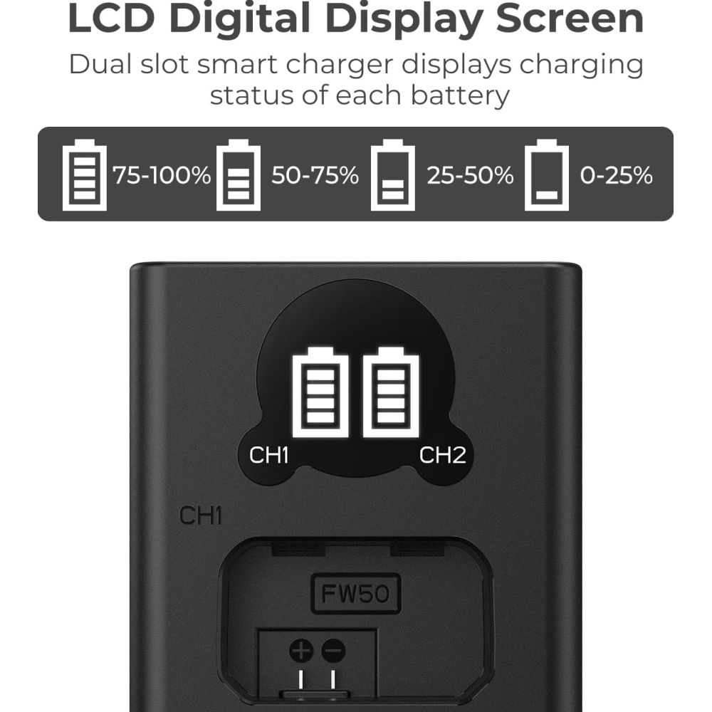 K&F Concept NP-FW50 Dual Battery Charger USB-C with display