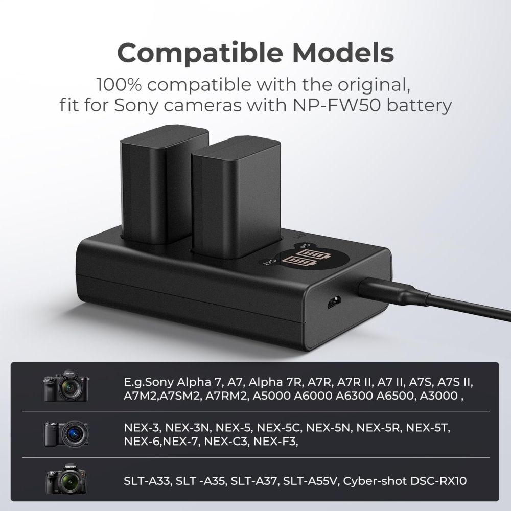 K&F Concept NP-FW50 Dual Battery Charger USB-C with display
