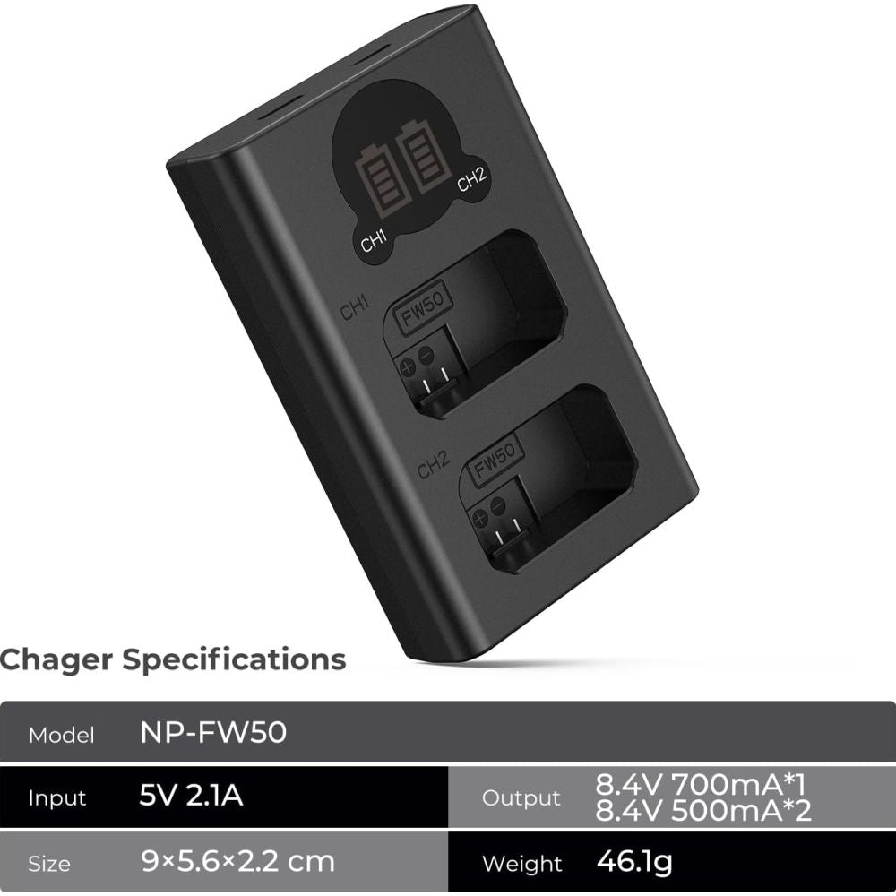 K&F Concept NP-FW50 Dual Battery Charger USB-C with display