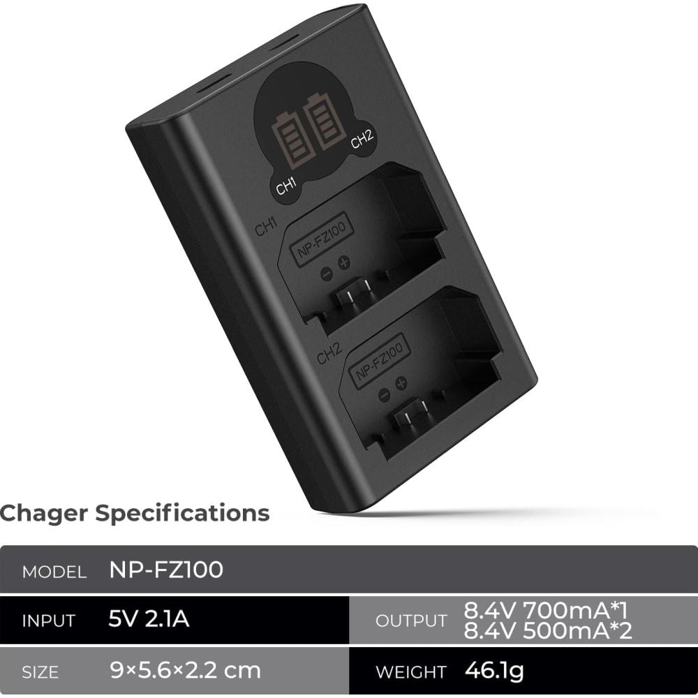 K&F Concept NP-FZ100 Dual Battery Charger USB-C with display