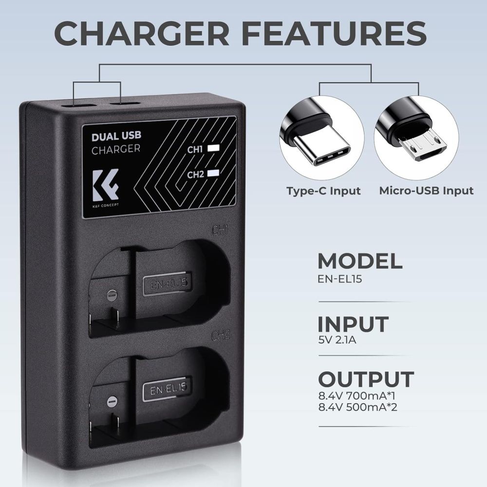 K&F Concept EN-EL15 Dual Battery Charger USB-C