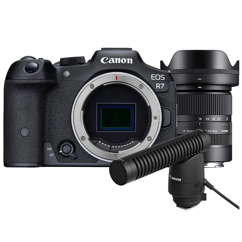 Canon EOS R7 + Sigma 18-50mm f/2.8 DC DN Canon RF Mount + Canon DM-E1 Stereo Microphone