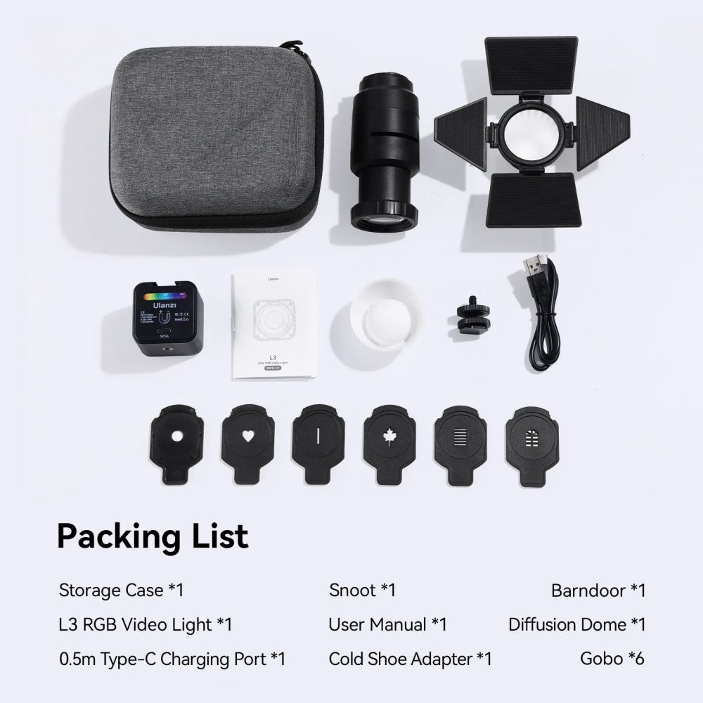 Ulanzi L3 RGB Cube Video Light with accessories