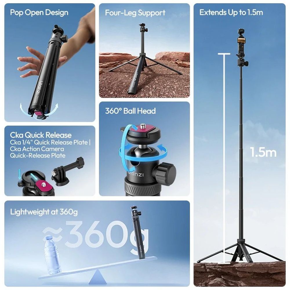 Ulanzi TT24 Auto-Open Selfie Stick Tripod with CKA Ball Head