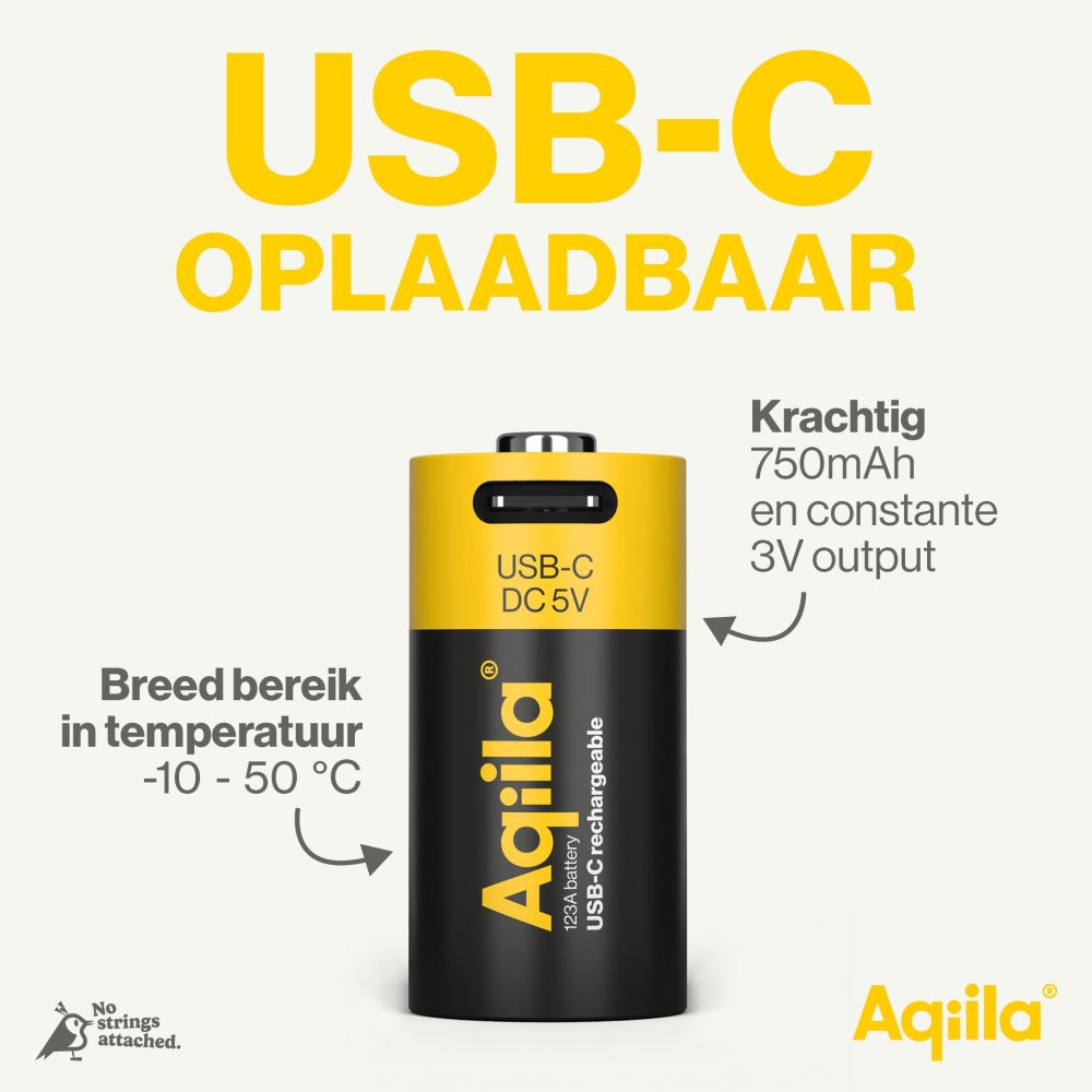 Aqiila CR123A USB-C Rechargable Battery 3V 750mAh Li-Ion (2x)