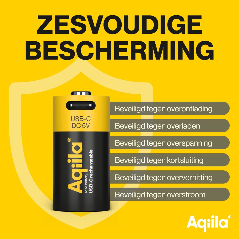 Aqiila CR123A USB-C Rechargable Battery 3V 750mAh Li-Ion (2x)