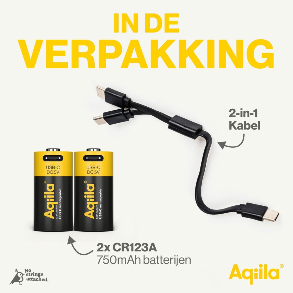Aqiila CR123A USB-C Rechargable Battery 3V 750mAh Li-Ion (2x)