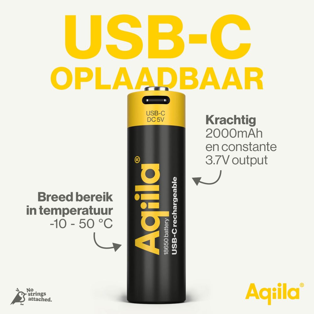 Aqiila 18650 USB-C Rechargable Battery 3.7V 2000mAh Li-Ion (1x)