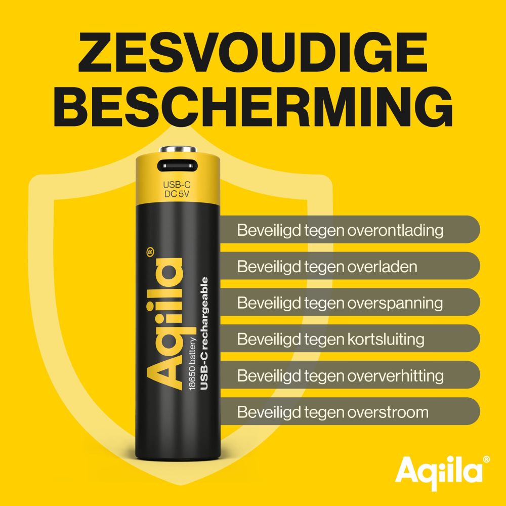 Aqiila 18650 USB-C Rechargable Battery 3.7V 2000mAh Li-Ion (1x)