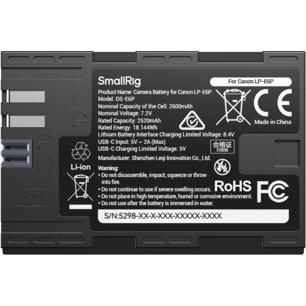 SmallRig 5298 Canon LP-E6P USB-C Camera Battery with Power Display